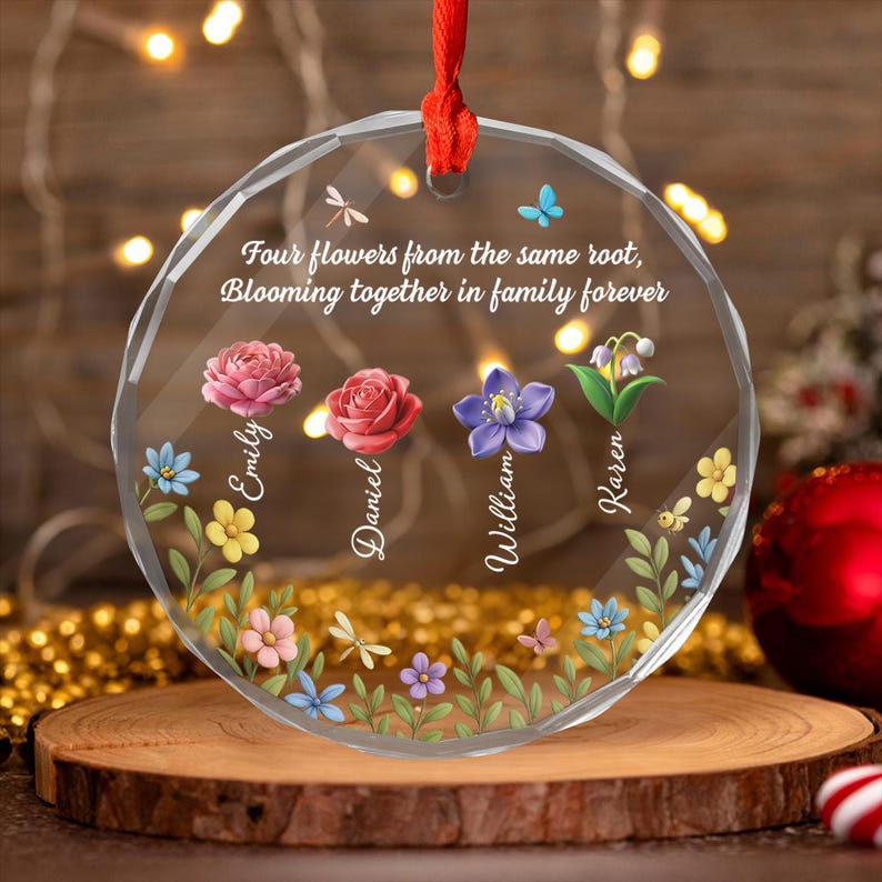 Personalized Family Flower Glass Ornament with Names, Custom Crystal Ornament, Sisters Forever Gift, Family Keepsake Christmas Decoration