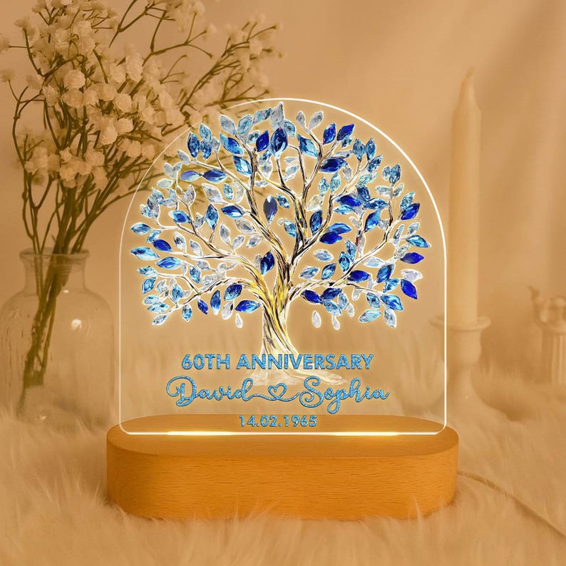 Personalized 60th Diamond Wedding Anniversary Night Light, Tree Of Love Diamond Wedding Gift, 60th Wedding Anniversary Gift, Husband Gift