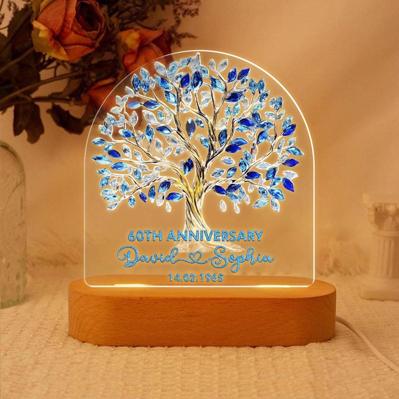 Personalized 60th Diamond Wedding Anniversary Night Light, Tree Of Love Diamond Wedding Gift, 60th Wedding Anniversary Gift, Husband Gift