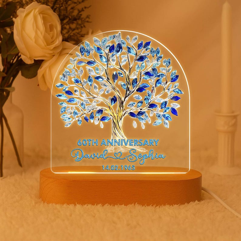 Personalized 60th Diamond Wedding Anniversary Night Light, Tree Of Love Diamond Wedding Gift, 60th Wedding Anniversary Gift, Husband Gift