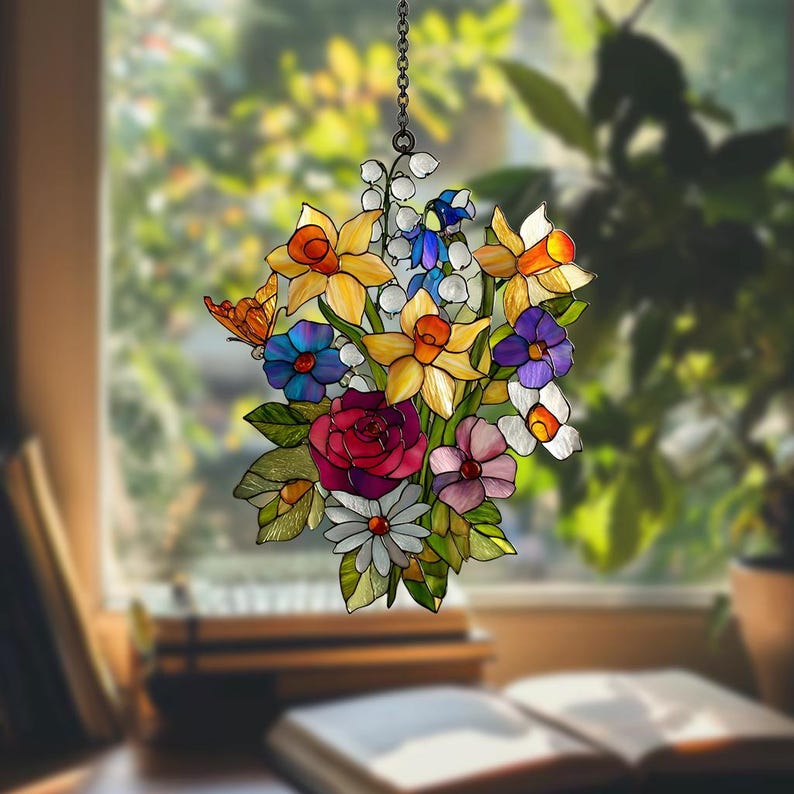 Family Birth Flowers Glass Suncatcher, Custom Mom's Garden Gift,Flower Glass Art,Birth Flower Gift For Nana,Mother's Day Gift For Mom