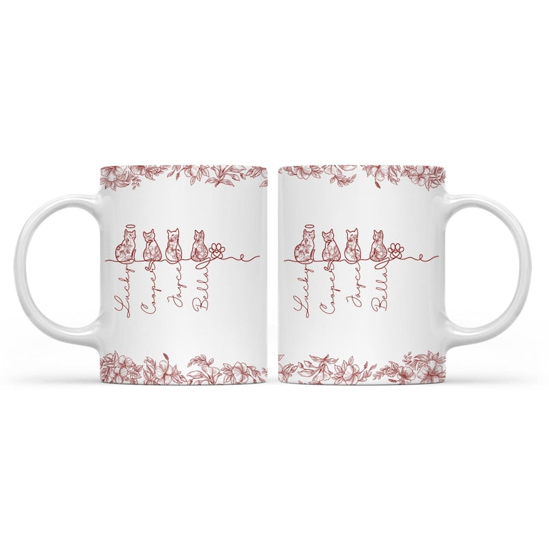 Custom Cat Mug, Personalized Cat With Name Coffee Mug, Toile De Jouy Cat Line Art Mug, Gift For Cat Owner, Pet Memorial Pet Loss Keepsake
