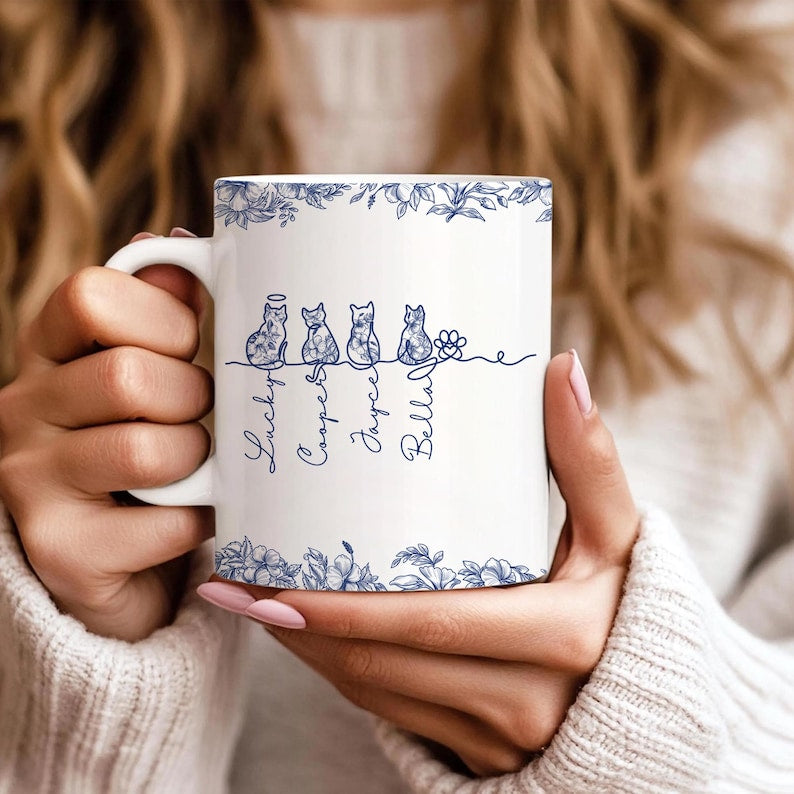 Custom Cat Mug, Personalized Cat With Name Coffee Mug, Toile De Jouy Cat Line Art Mug, Gift For Cat Owner, Pet Memorial Pet Loss Keepsake