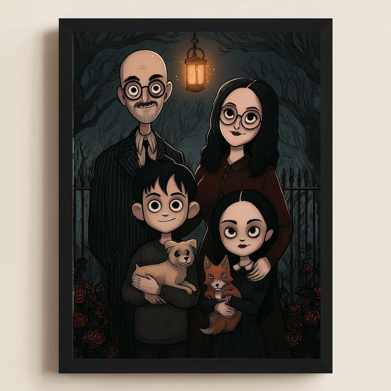 Custom Gothic Family Portrait with Pets, Custom Poster Spooky Season, Personalized Halloween Wall Art, Family Illustration from Your Photo