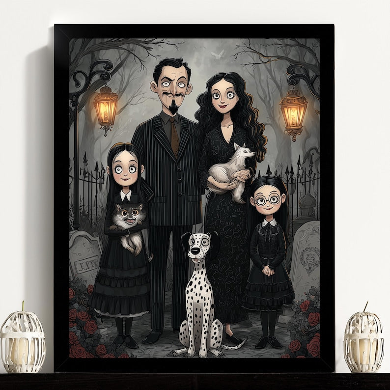 Custom Gothic Family Portrait with Pets, Custom Poster Spooky Season, Personalized Halloween Wall Art, Family Illustration from Your Photo
