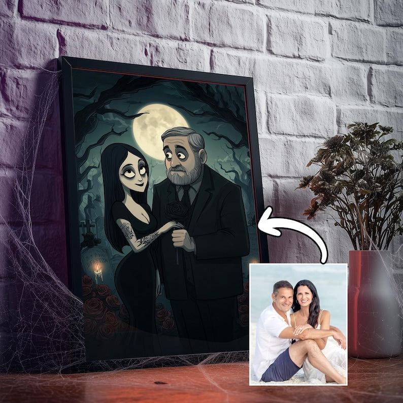 Custom Gothic Family Portrait with Pets, Custom Poster Spooky Season, Personalized Halloween Wall Art, Family Illustration from Your Photo