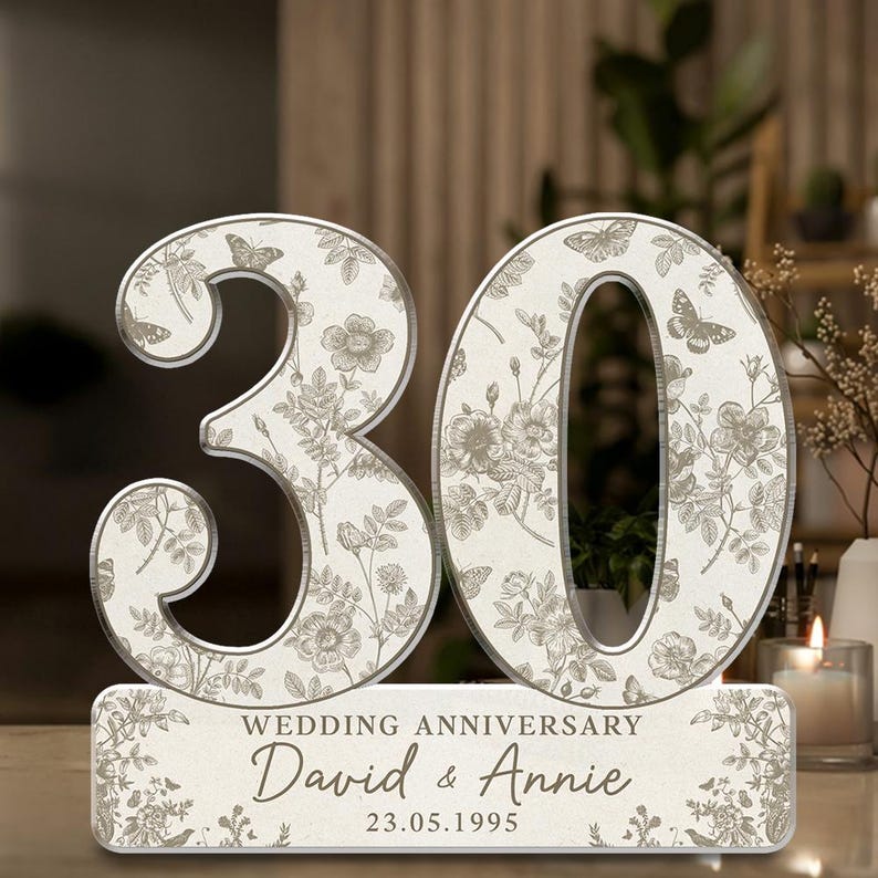 30th Wedding Anniversary Blue Toile Acrylic Plaque Gift for Husband, Personalized Couple's Name and Date Anniversary Gift, Gift for Couple