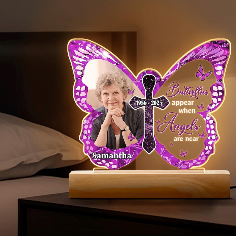 Custom Memorial LED Light with Butterfly Design, Personalized Memorial Decor, Photo & Name Engraved Gift for Loved Ones