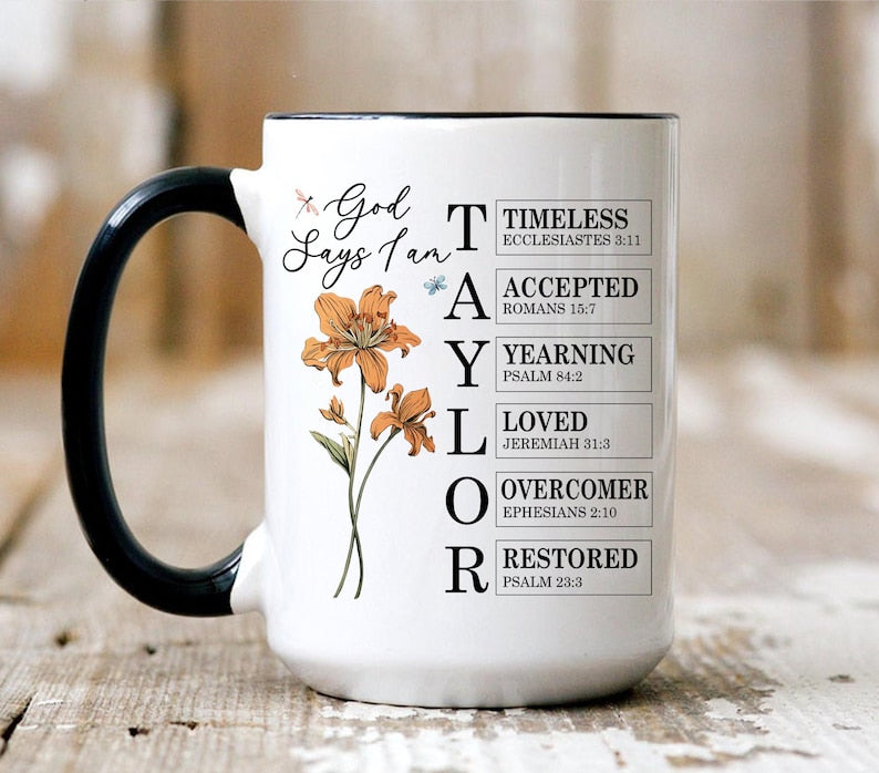 Personalized God Says I Am Mug, Custom Bible Verse Birth Flower Cup, Christian Coffee Mug, Religious Gift for Women