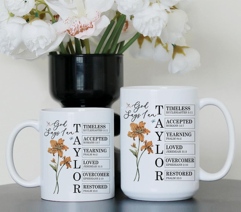 Personalized God Says I Am Mug, Custom Bible Verse Birth Flower Cup, Christian Coffee Mug, Religious Gift for Women