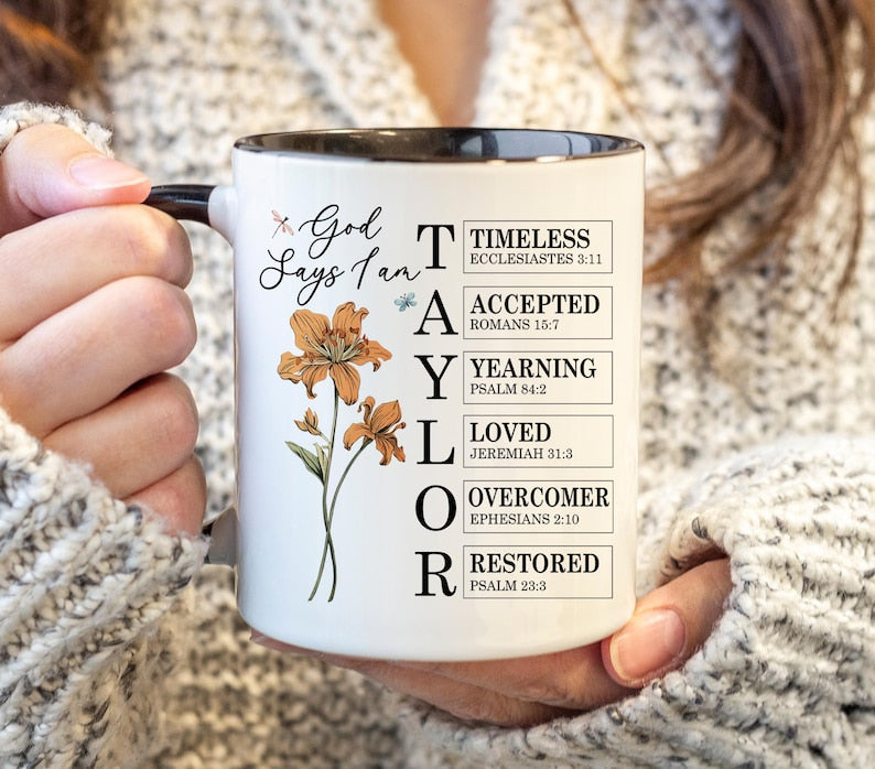 Personalized God Says I Am Mug, Custom Bible Verse Birth Flower Cup, Christian Coffee Mug, Religious Gift for Women