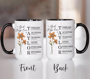 Personalized God Says I Am Mug, Custom Bible Verse Birth Flower Cup, Christian Coffee Mug, Religious Gift for Women