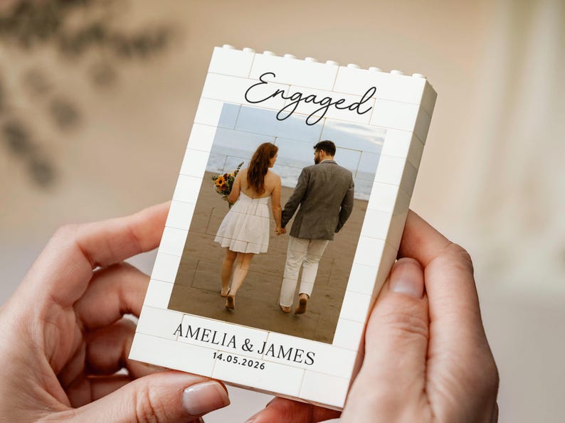 Personalised Engagement Gift For Couple, Custom Photo Building Block Keepsake, Future Wedding Date Memory, Christmas Present, Love Gift