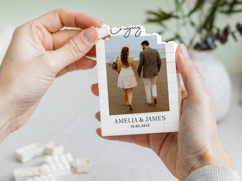 Personalised Engagement Gift For Couple, Custom Photo Building Block Keepsake, Future Wedding Date Memory, Christmas Present, Love Gift