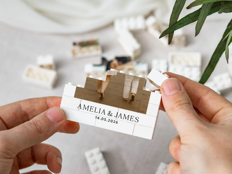 Personalised Engagement Gift For Couple, Custom Photo Building Block Keepsake, Future Wedding Date Memory, Christmas Present, Love Gift