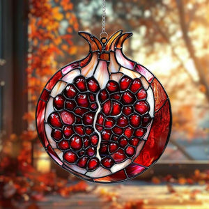 Pomegranate Fruit Acrylic Suncatcher, Faux Stained Glass Red Jewel Window Hanging, Mediterranean Kitchen Decor, Rosh Hashanah Gift Idea