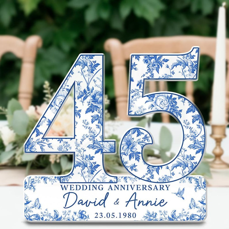 45th Wedding Anniversary Blue Toile Acrylic Plaque Gift for Husband, Personalized Couple's Name Date Sapphire Anniversary, Gift for Couple