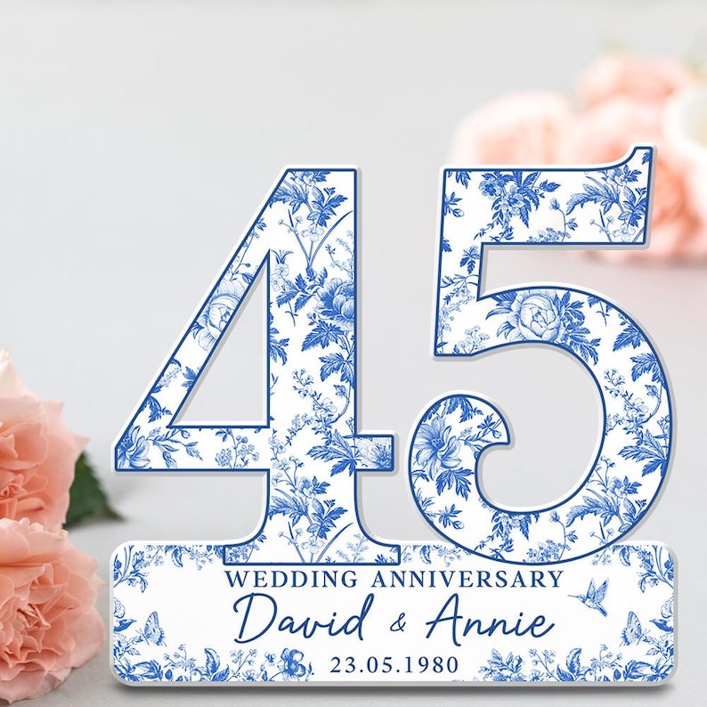 45th Wedding Anniversary Blue Toile Acrylic Plaque Gift for Husband, Personalized Couple's Name Date Sapphire Anniversary, Gift for Couple