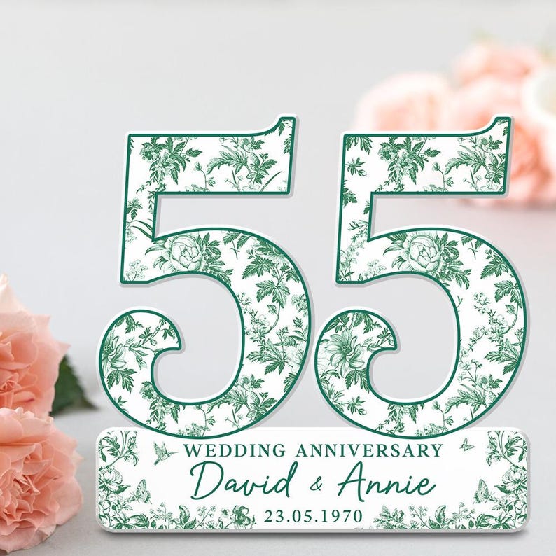 55th Wedding Anniversary Blue Toile Acrylic Plaque Gift for Husband, Personalized Couples Name Date Emerald Anniversary Gift for Couple
