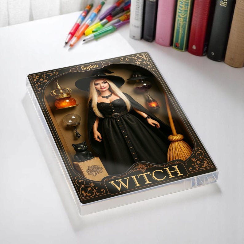 Personalized Witch Doll Halloween Acrylic Block, Custom Name Figurine Witch Box Decor, Gothic Black Cat & Broom Spooky Collectible Gift