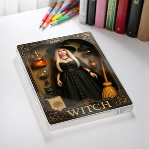 Personalized Witch Doll Halloween Acrylic Block, Custom Name Figurine Witch Box Decor, Gothic Black Cat & Broom Spooky Collectible Gift