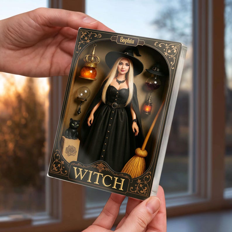 Personalized Witch Doll Halloween Acrylic Block, Custom Name Figurine Witch Box Decor, Gothic Black Cat & Broom Spooky Collectible Gift
