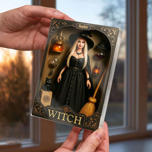 Personalized Witch Doll Halloween Acrylic Block, Custom Name Figurine Witch Box Decor, Gothic Black Cat & Broom Spooky Collectible Gift