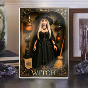 Personalized Witch Doll Halloween Acrylic Block, Custom Name Figurine Witch Box Decor, Gothic Black Cat & Broom Spooky Collectible Gift