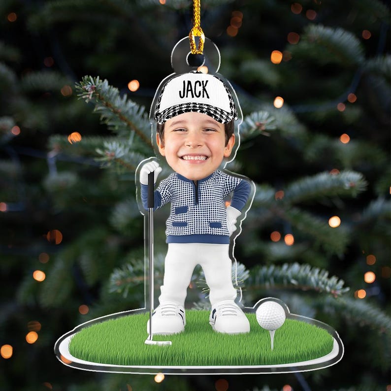 Personalized Child Golfer On Course Ornament, Golf Kid Ornament, Golf Lover Christmas Ornament, Christmas Acrylic Gift, 2D Flat Acrylic Ornament
