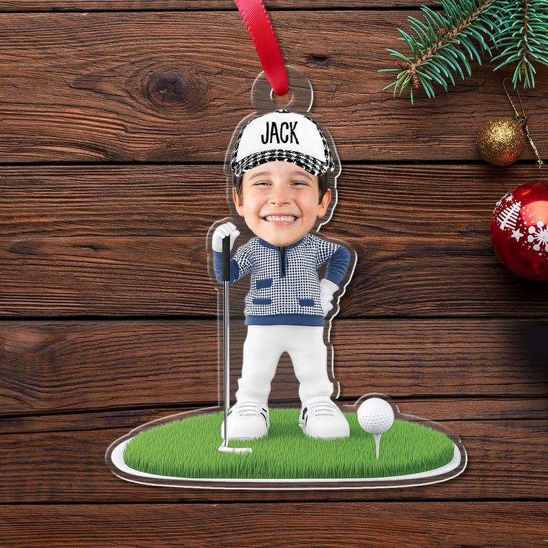 Personalized Child Golfer On Course Ornament, Golf Kid Ornament, Golf Lover Christmas Ornament, Christmas Acrylic Gift, 2D Flat Acrylic Ornament