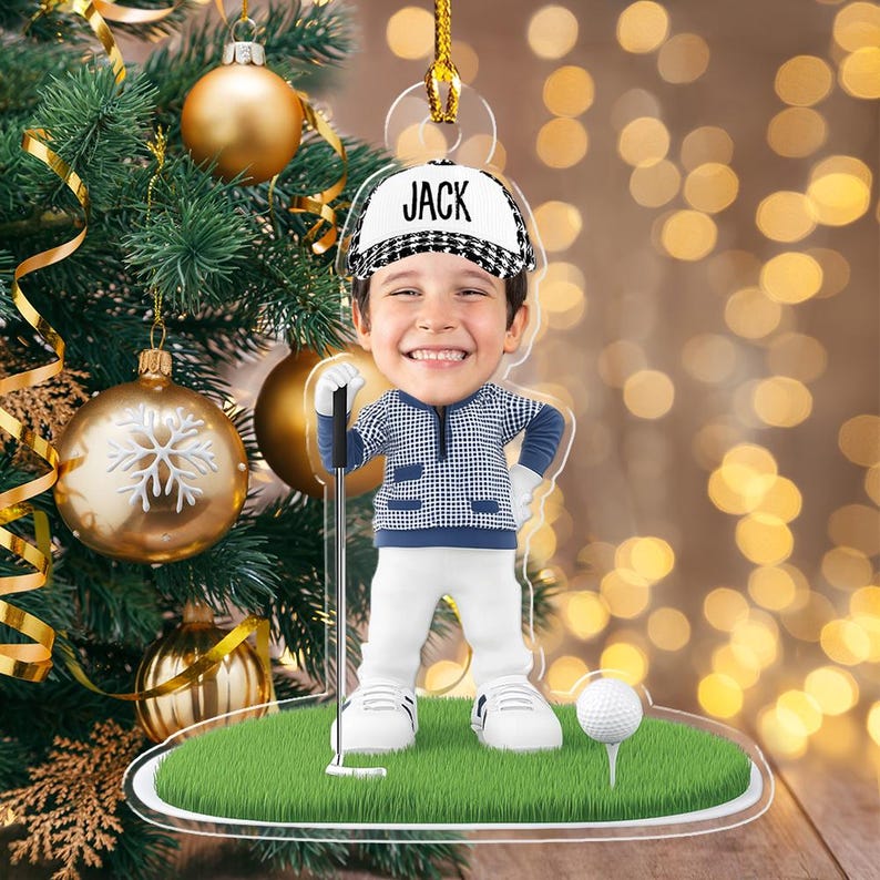 Personalized Child Golfer On Course Ornament, Golf Kid Ornament, Golf Lover Christmas Ornament, Christmas Acrylic Gift, 2D Flat Acrylic Ornament