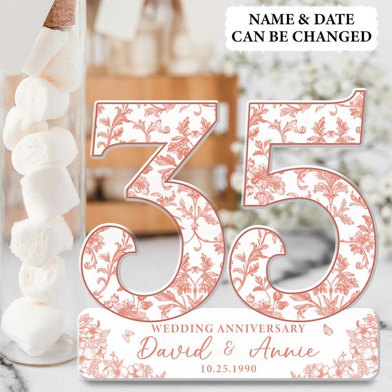 35th Wedding Anniversary Blue Toile Acrylic Plaque Gift for Husband, Personalized Couples Name Date Coral Anniversary Gift, Gift for Couple