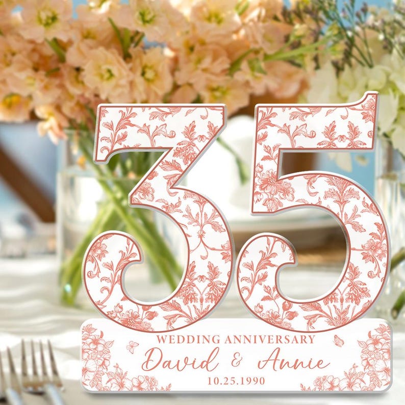 35th Wedding Anniversary Blue Toile Acrylic Plaque Gift for Husband, Personalized Couples Name Date Coral Anniversary Gift, Gift for Couple