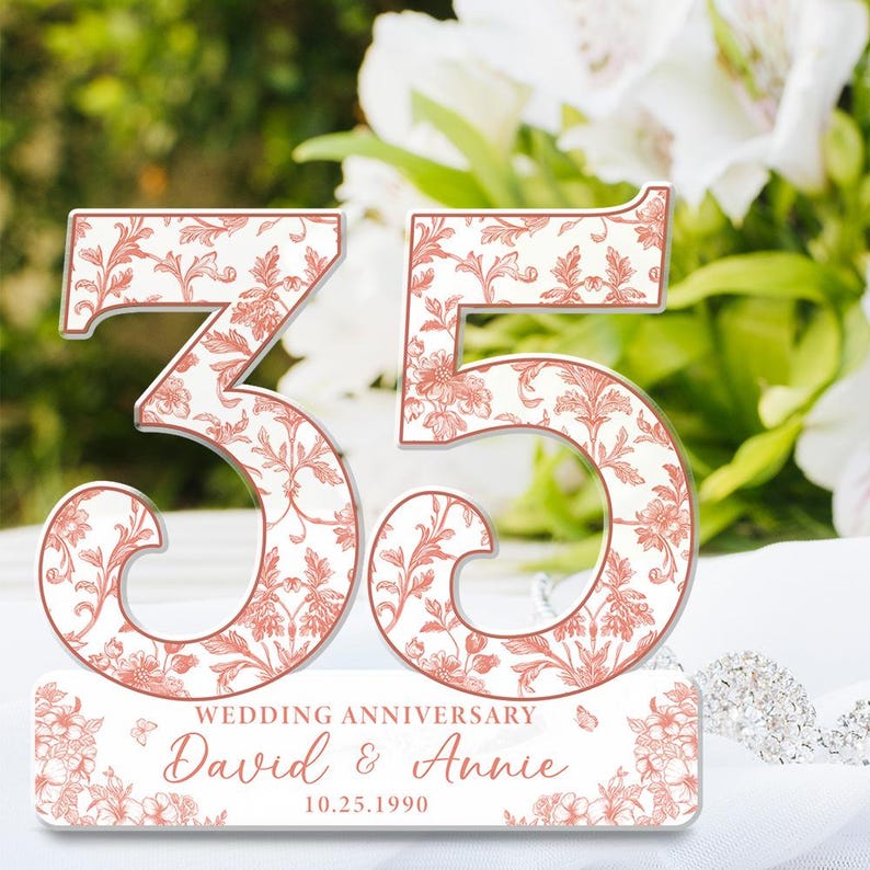 35th Wedding Anniversary Blue Toile Acrylic Plaque Gift for Husband, Personalized Couples Name Date Coral Anniversary Gift, Gift for Couple