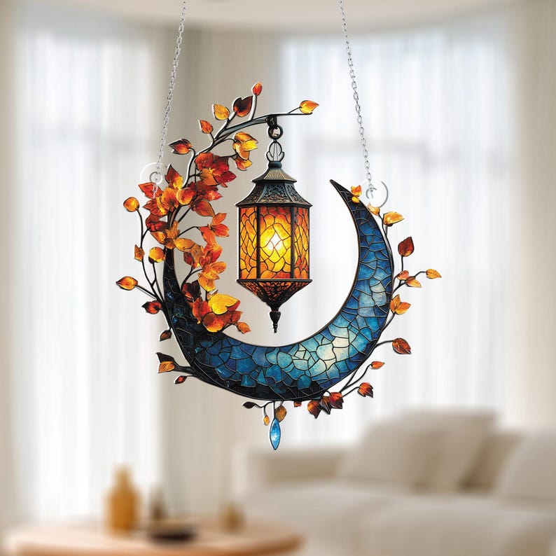 Autumn Moon Lantern Window Hanging, Elegant Crescent Moon Decor, Warm Lantern Ornament, Fall Home Decoration, Unique Gift for Autumn Lovers