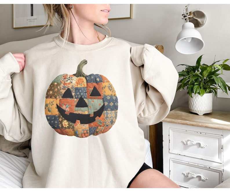 Retro Patchwork Halloween Pumpkin Sweatshirt, Halloween Pumpkin Shirt, Spooky Season Sweater, Halloween Cute Women Outfit, Halloween Gift