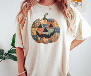 Retro Patchwork Halloween Pumpkin Sweatshirt, Halloween Pumpkin Shirt, Spooky Season Sweater, Halloween Cute Women Outfit, Halloween Gift