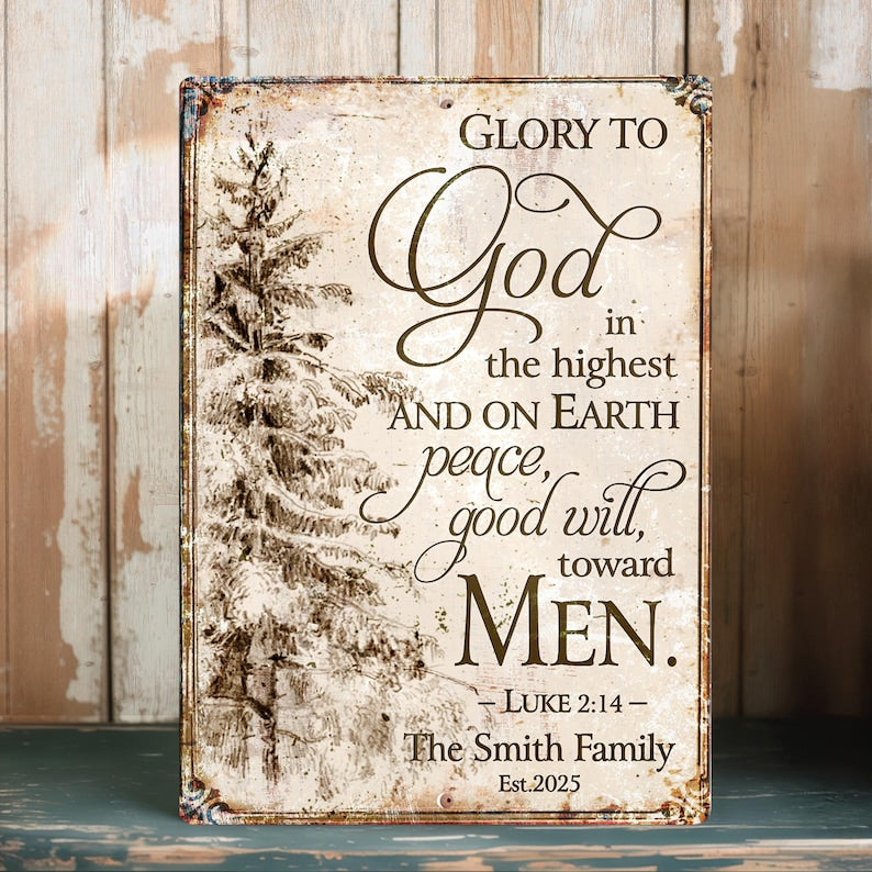 Christmas Tree Art With Scripture, Glory to God in the Highest Metal Sign, Farmhouse Christmas Wall Decor, Christmas Gift For Family