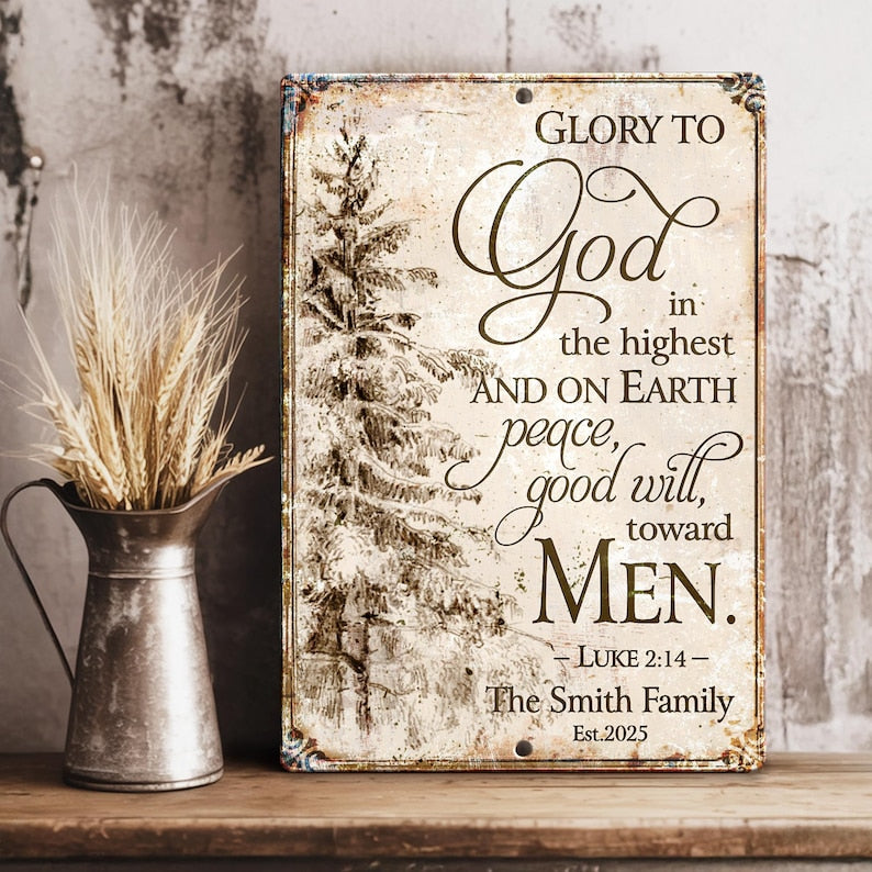 Christmas Tree Art With Scripture, Glory to God in the Highest Metal Sign, Farmhouse Christmas Wall Decor, Christmas Gift For Family