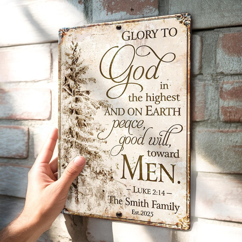 Christmas Tree Art With Scripture, Glory to God in the Highest Metal Sign, Farmhouse Christmas Wall Decor, Christmas Gift For Family