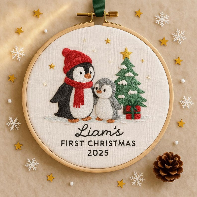 Personalized Baby's First Penguin Family Christmas Ornament, Handmade New Baby Keepsake Ornament, Christmas Ornament for Kids