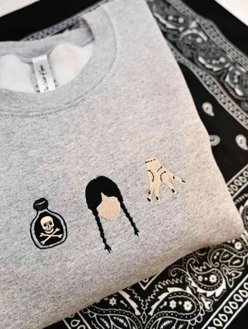 Gothic Girl Embroidered Crewneck Sweatshirt, Horror Movie Halloween Shirt, Hand Dance Halloween Tee, Spooky Season, Cozy Fall Sweater il_794xN.7121864777_352v.jpg