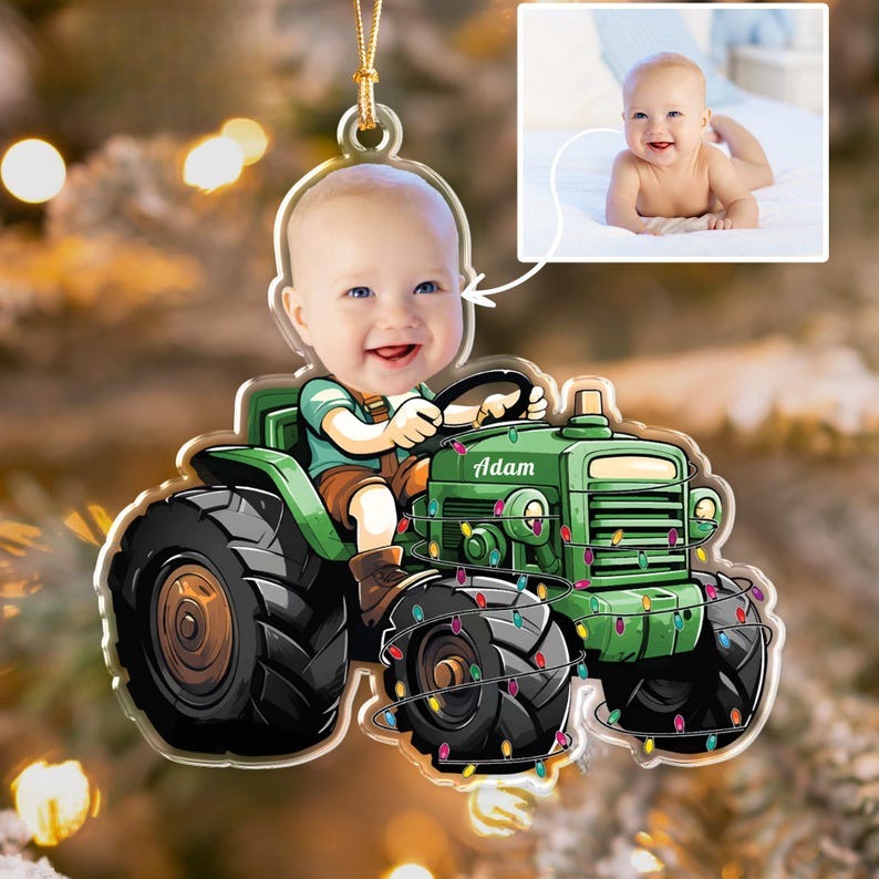 Custom Farmer Baby Face Photo Ornament, Personalized Tractor Ornament, Acrylic Funny Face Ornament, Christmas Decor, Name Christmas Ornament