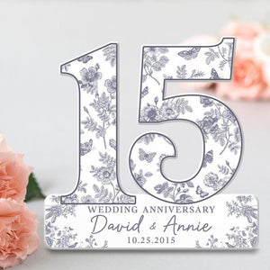 15th Wedding Anniversary Blue Toile Acrylic Plaque Gift for Husband, Personalized Couples Name Date Crystal Anniversary, Gift for Couple