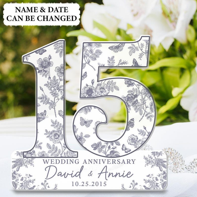 15th Wedding Anniversary Blue Toile Acrylic Plaque Gift for Husband, Personalized Couples Name Date Crystal Anniversary, Gift for Couple