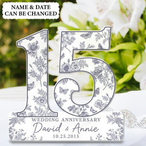 15th Wedding Anniversary Blue Toile Acrylic Plaque Gift for Husband, Personalized Couples Name Date Crystal Anniversary, Gift for Couple