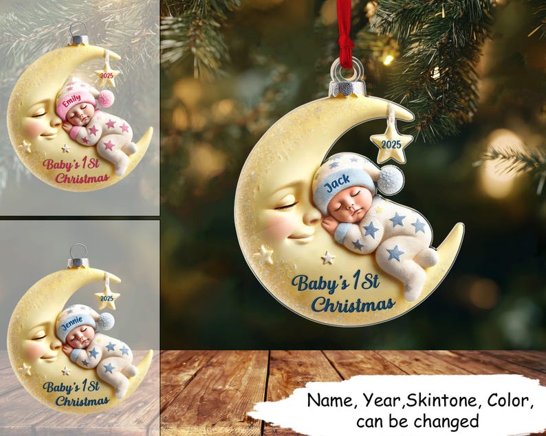 3D Effect Baby On Moon First Christmas Personalized Acrylic Ornament, Moon & Star Newborn Baby Sleeping Christmas Gift 2025 For Boys Girls