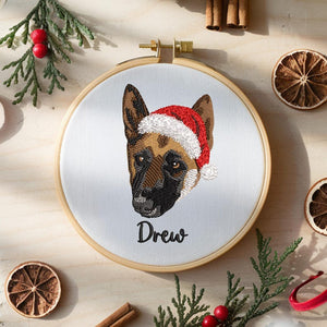 Embroidered Pet Portrait Ornament with Santa Hat, Custom Dog Christmas Gift, Pet Portrait Gift for Pet Lovers, Custom Pet Christmas