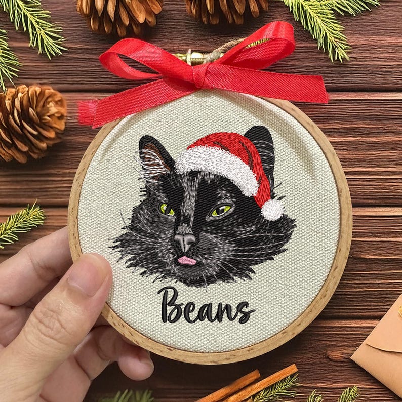 Embroidered Pet Portrait Ornament with Santa Hat, Custom Dog Christmas Gift, Pet Portrait Gift for Pet Lovers, Custom Pet Christmas