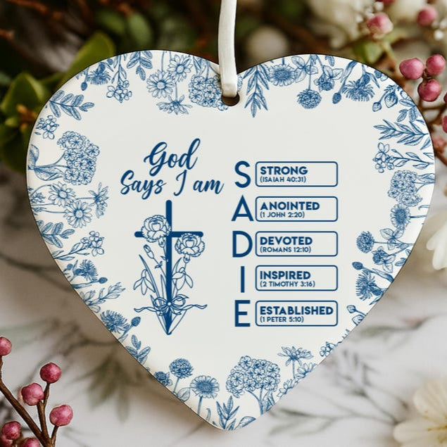 Personalized Christian Name Ornament with Bible Verse, God Says I Am Toile De Jouy Ornament, Christian Christmas Ornament, Religious Gift